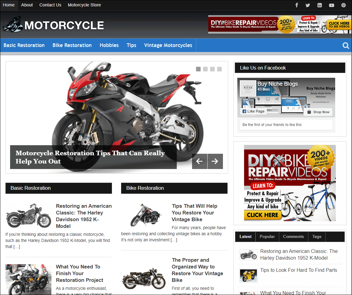 Motorcycle Restoration Pre-made Affiliate Niche Website/Blog